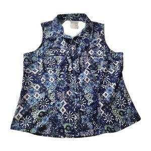 UPF 50 Sleeveless Button Up MARINER Top Blue White Green Reel Legend 2X